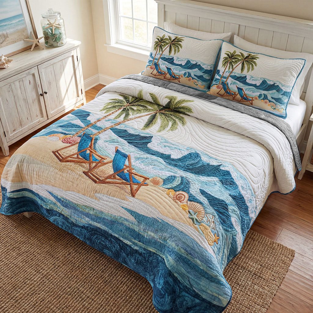 Golden Sands quilted 3-piece bedding set on a made bed with two matching pillow shams