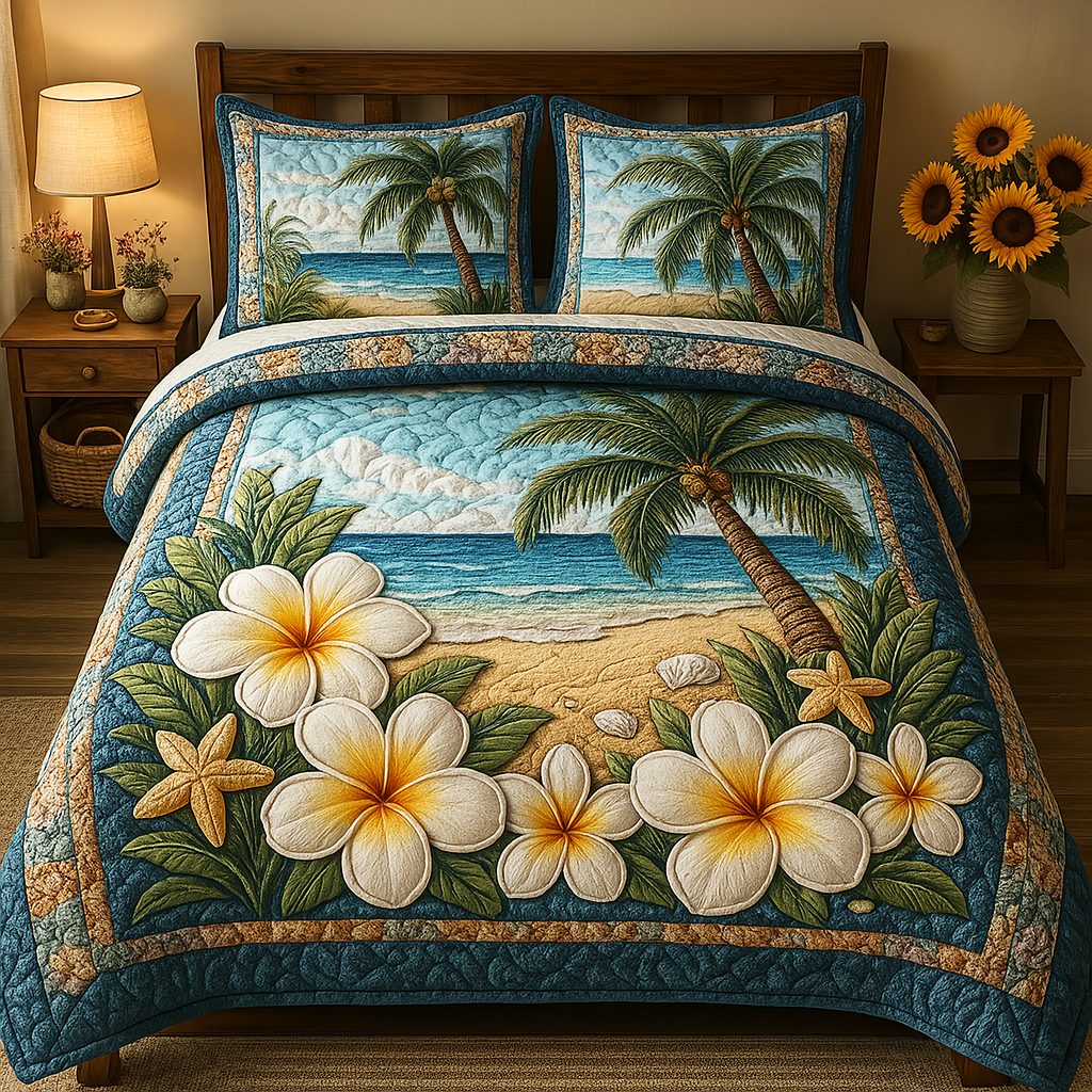 Golden Sands quilted 3-piece bedding set on a made bed with two matching pillow shams