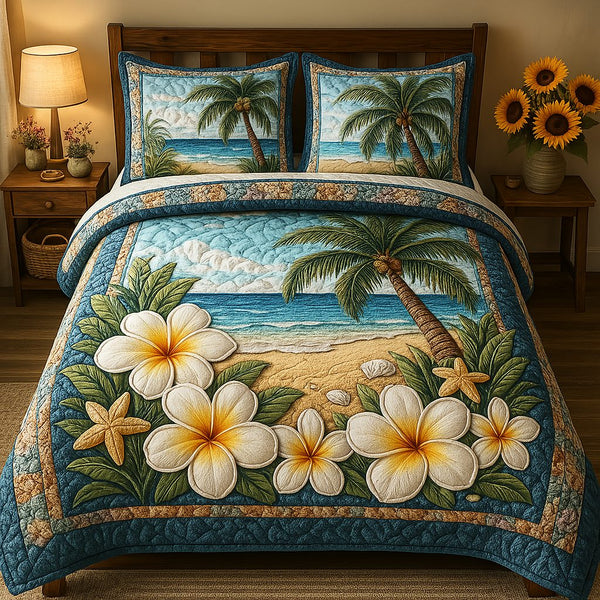 Golden Sands quilted 3-piece bedding set on a made bed with two matching pillow shams