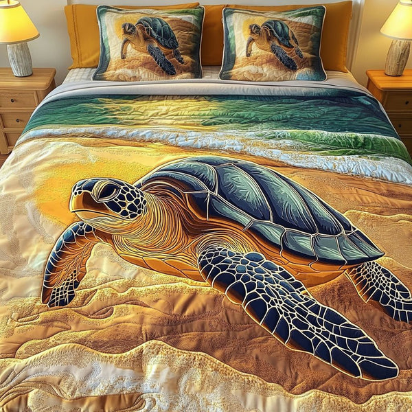 Golden Sands Turtle quilted 3-piece bedding set on a made bed in a light coastal bedroom