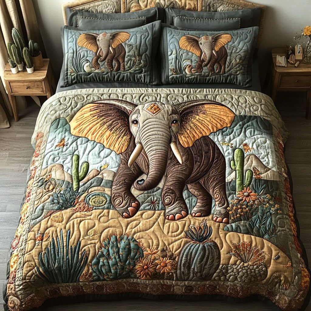 Golden Sands Tusk quilted 3-piece bedding set on a made bed with two matching pillow shams