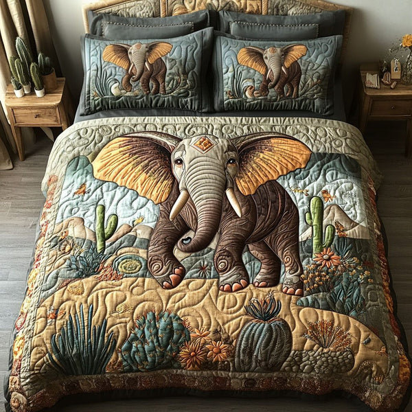 Golden Sands Tusk quilted 3-piece bedding set on a made bed with two matching pillow shams