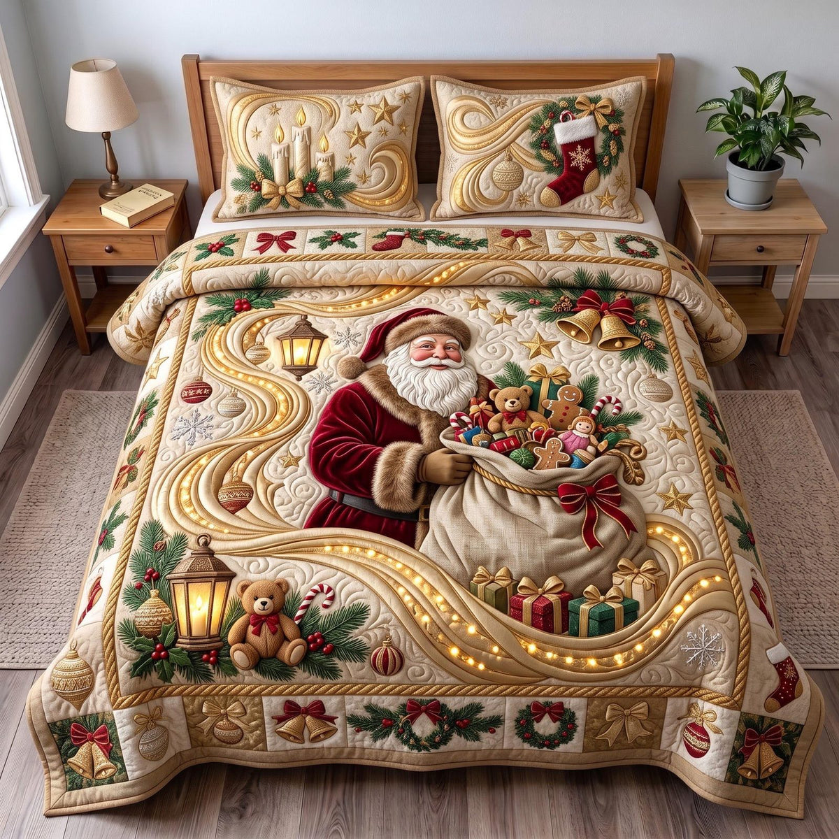 Golden Santa quilted 3-piece bedding set on a made bed in a winter-styled bedroom