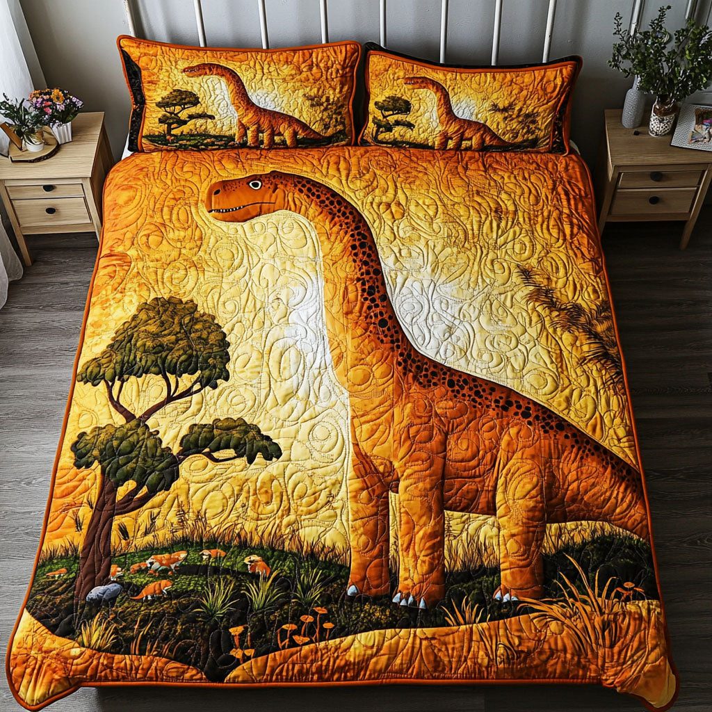 Golden Sauropod quilted 3-piece bedding set on a made bed with two matching pillow shams