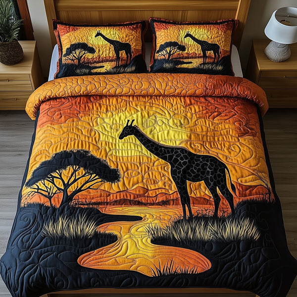 Golden Savanna Dreams quilted 3-piece bedding set on a made bed with two matching pillow shams