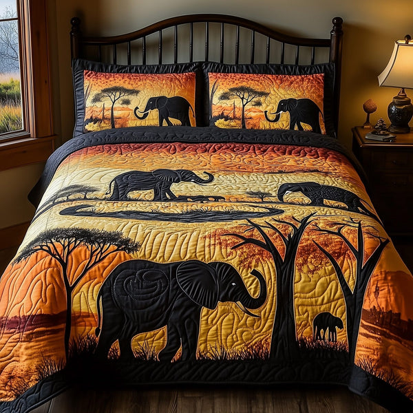 Golden Savanna Dreams quilted 3-piece bedding set on a made bed with two matching pillow shams