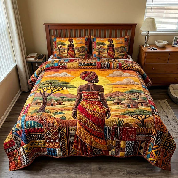 Golden Savanna quilted 3-piece bedding set on a made bed with two matching pillow shams