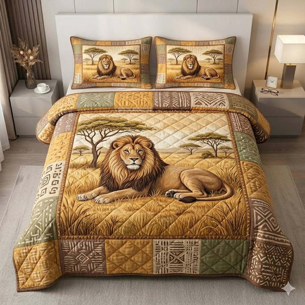 Golden Savannah quilted 3-piece bedding set on a made bed with two matching pillow shams