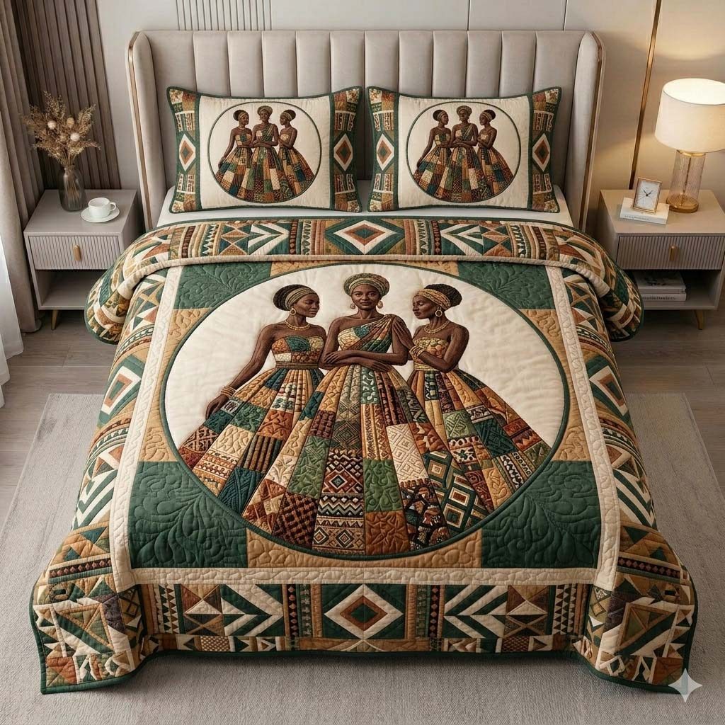 Golden Savannah Sister quilted 3-piece bedding set on a made bed with two matching pillow shams