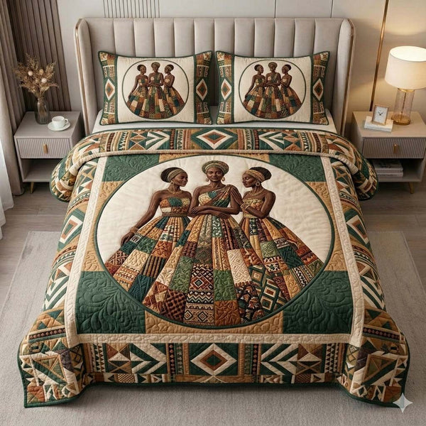 Golden Savannah Sister quilted 3-piece bedding set on a made bed with two matching pillow shams