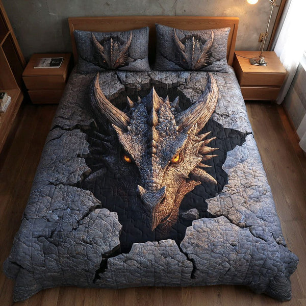 Golden Scale quilted 3-piece bedding set on a made bed with two matching pillow shams