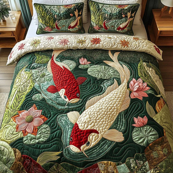 Golden Scales quilted 3-piece bedding set on a made bed with two matching pillow shams