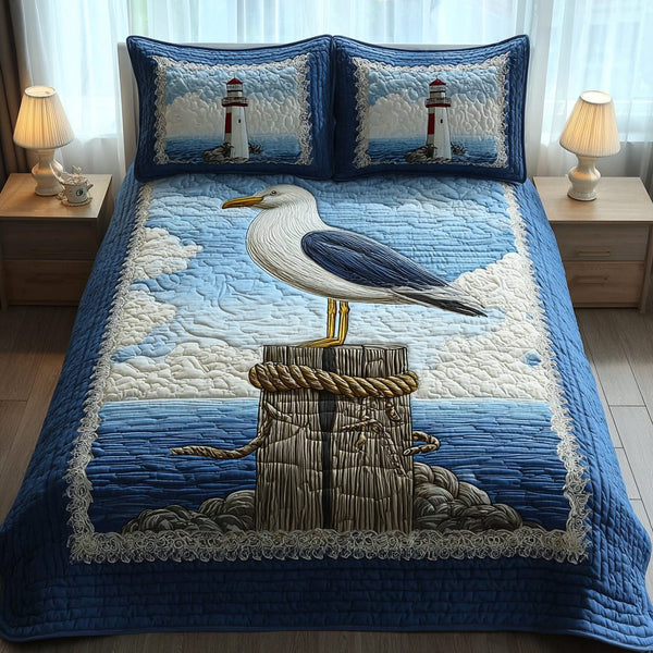 Golden Seagull quilted 3-piece bedding set on a made bed in a light coastal bedroom