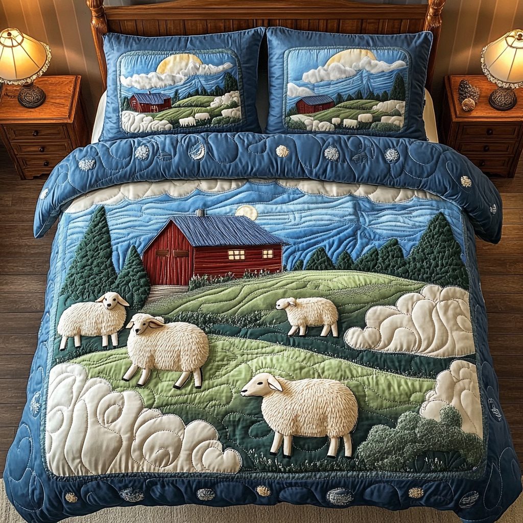 Golden Sheep quilted 3-piece bedding set on a made bed with two matching pillow shams