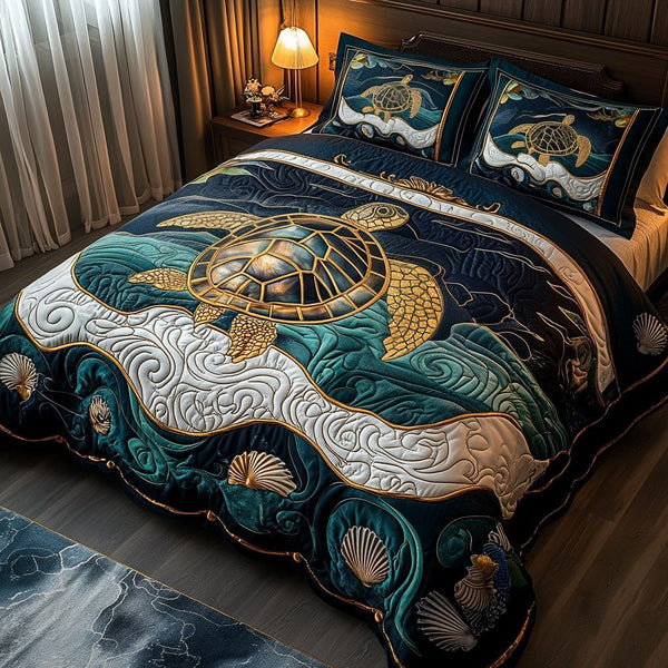 Golden Shell Serenity quilted 3-piece bedding set on a made bed in a light coastal bedroom