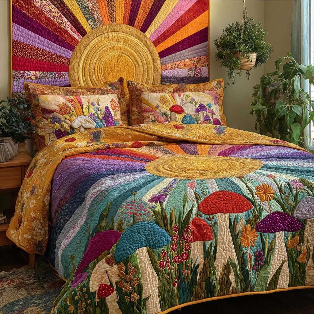 Golden Shrooms quilted 3-piece bedding set on a made bed with two matching pillow shams