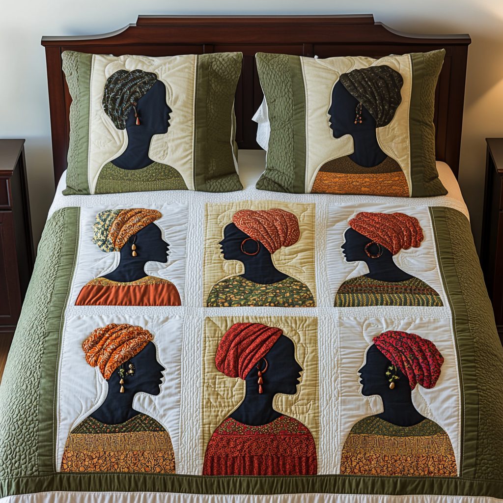 Golden Silhouette quilted 3-piece bedding set on a made bed with two matching pillow shams
