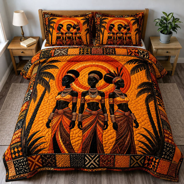 Golden Sisters Heritage quilted 3-piece bedding set on a made bed in a farmhouse bedroom