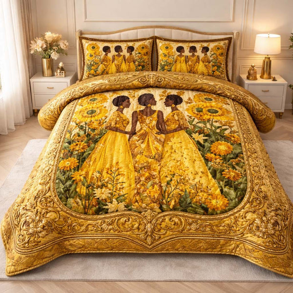 Golden Sisters quilted 3-piece bedding set on a made bed with two matching pillow shams