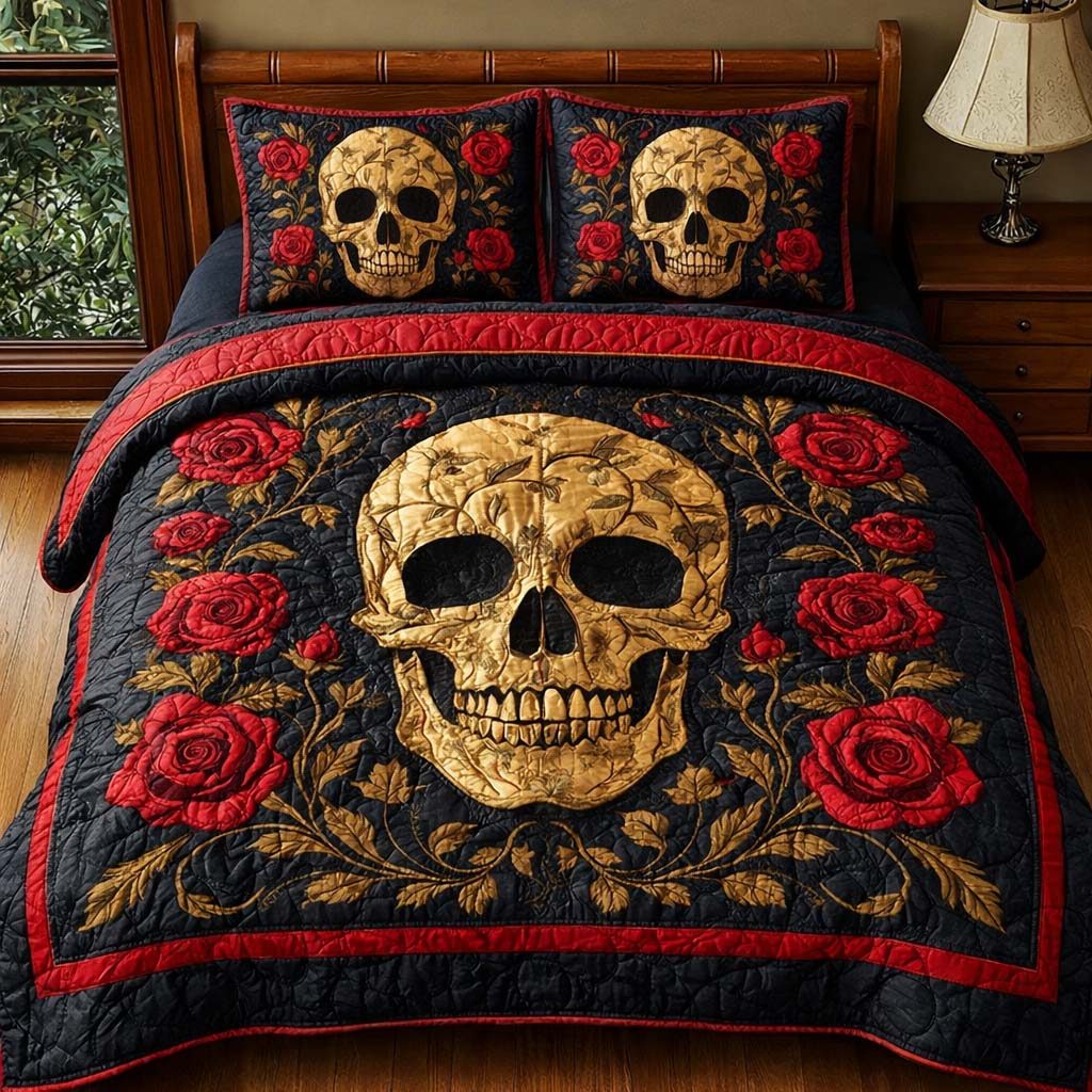 Golden Skull quilted 3-piece bedding set on a made bed against a dark styled interior