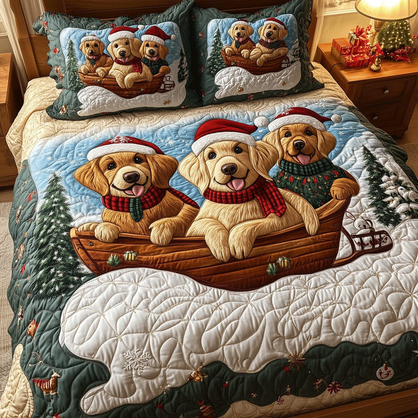 Golden Sleigh Adventure quilted 3-piece bedding set on a made bed in a winter-styled bedroom