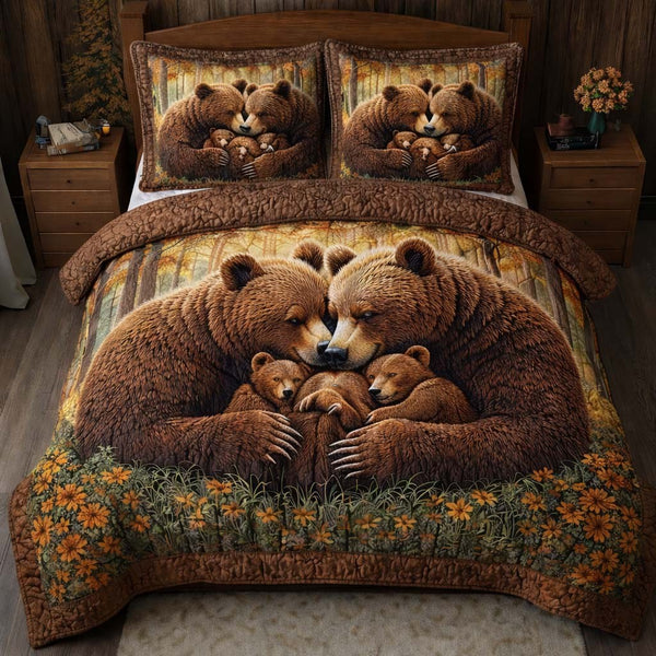 Golden Slumber quilted 3-piece bedding set on a made bed with two matching pillow shams