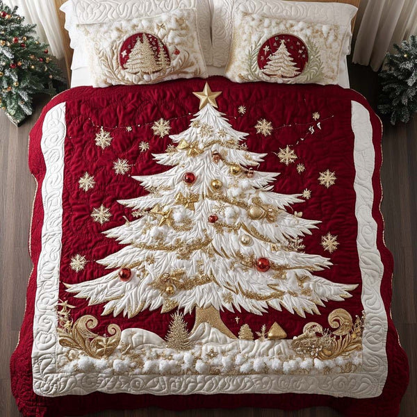 Golden Snowfall quilted 3-piece bedding set on a made bed with two matching pillow shams