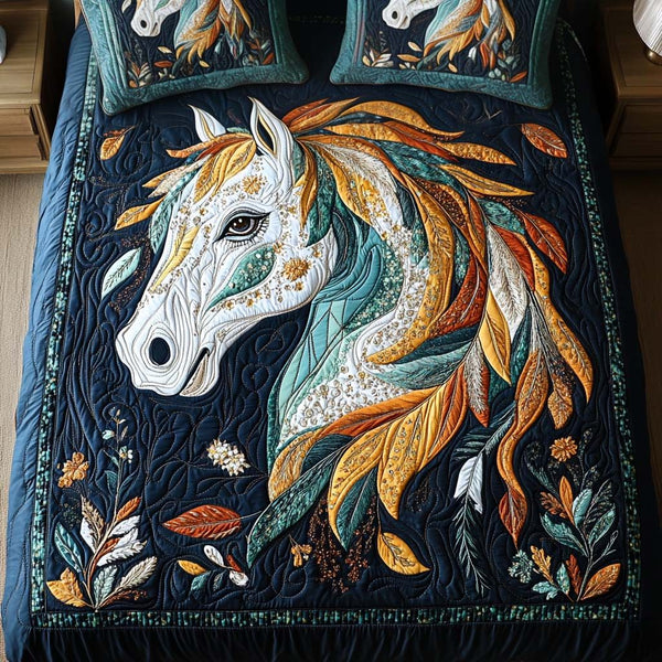 Golden Spirit quilted 3-piece bedding set on a made bed with two matching pillow shams