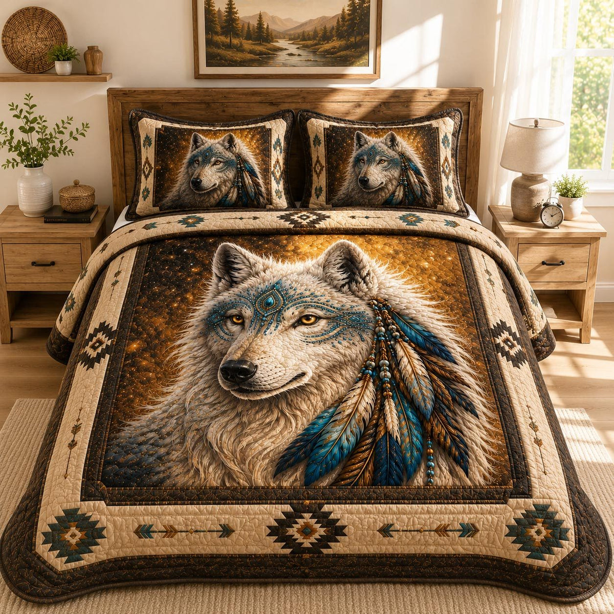 Golden Spirit Wolf quilted 3-piece bedding set on a made bed with two matching pillow shams