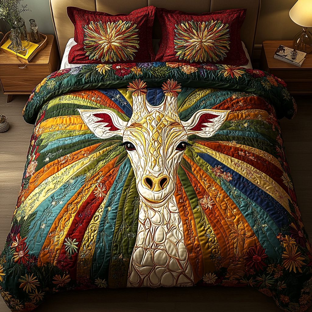 Golden Spots quilted 3-piece bedding set on a made bed with two matching pillow shams