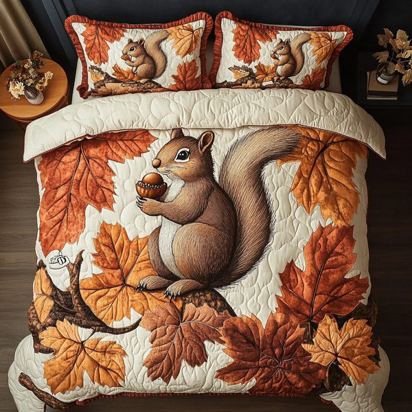 Golden Squirrel quilted 3-piece bedding set on a made bed with two matching pillow shams