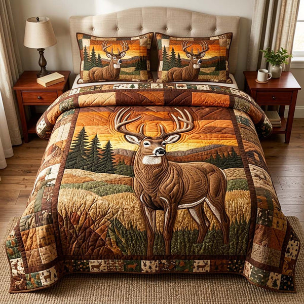Golden Stag quilted 3-piece bedding set on a made bed with two matching pillow shams