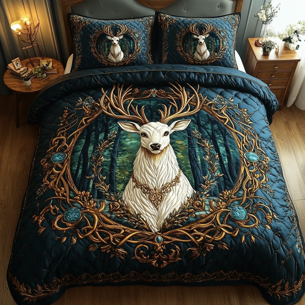Golden Stag quilted 3-piece bedding set on a made bed with two matching pillow shams