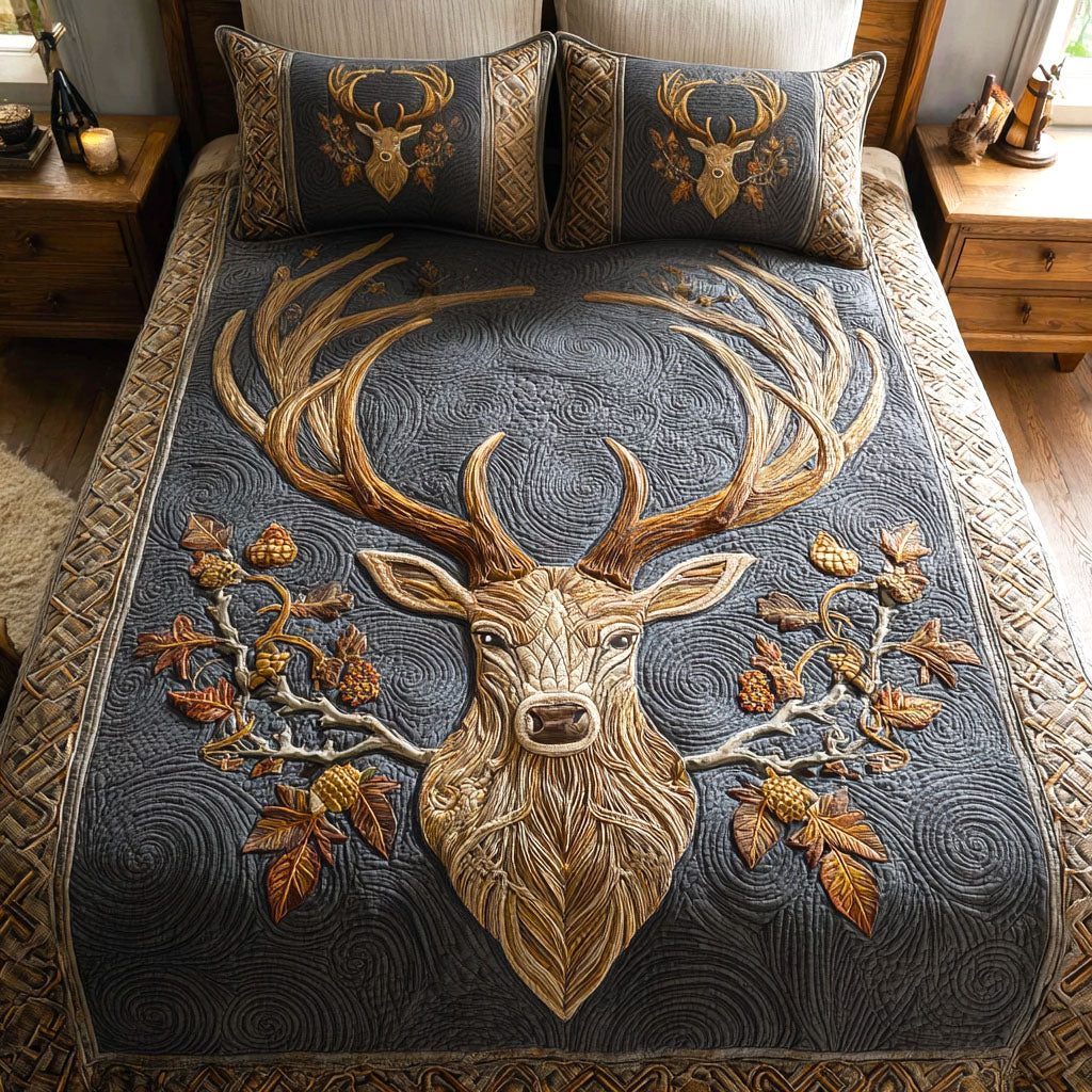 Golden Stag quilted 3-piece bedding set on a made bed with two matching pillow shams