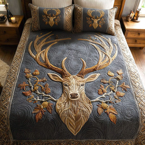 Golden Stag quilted 3-piece bedding set on a made bed with two matching pillow shams