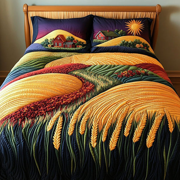 Golden Stalks quilted 3-piece bedding set on a made bed with two matching pillow shams