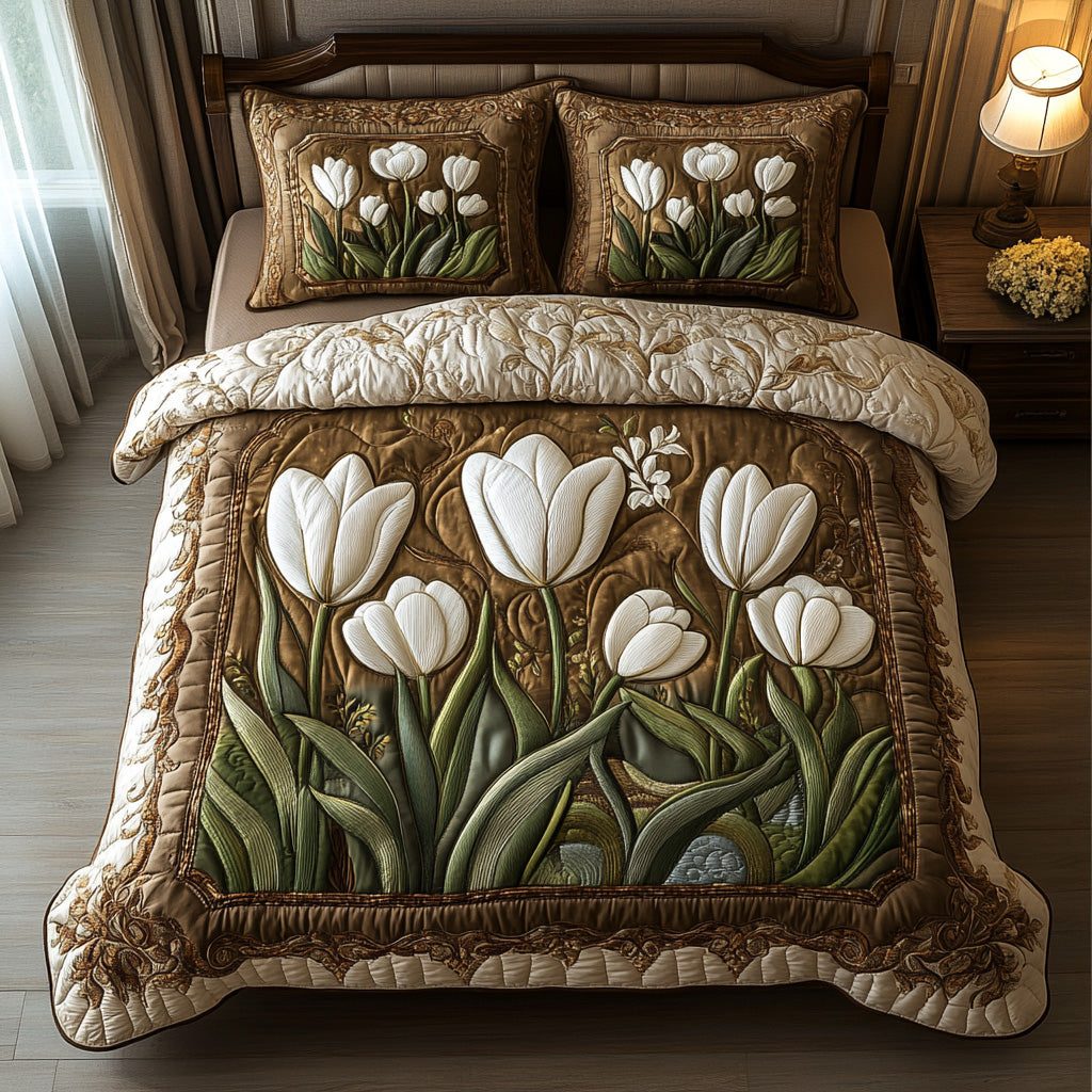Golden Stem quilted 3-piece bedding set on a made bed with two matching pillow shams