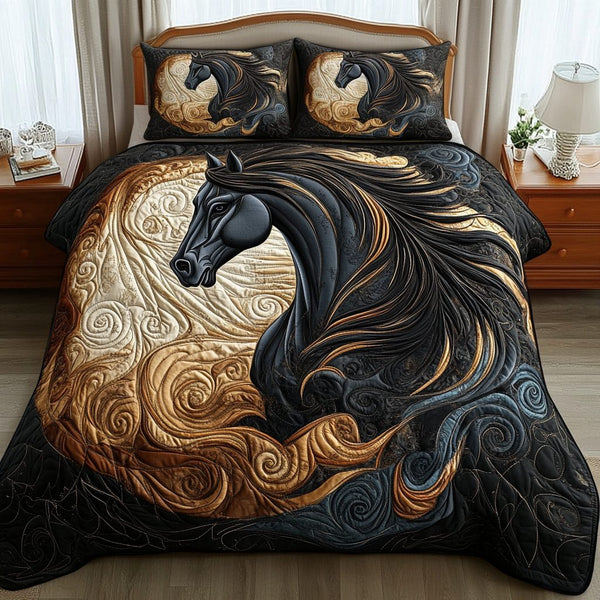 Golden Storm quilted 3-piece bedding set on a made bed with two matching pillow shams