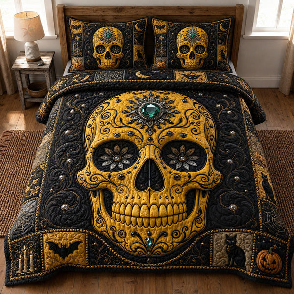 Golden Sugar Skull Halloween quilted 3-piece bedding set on a made bed against a dark styled interior
