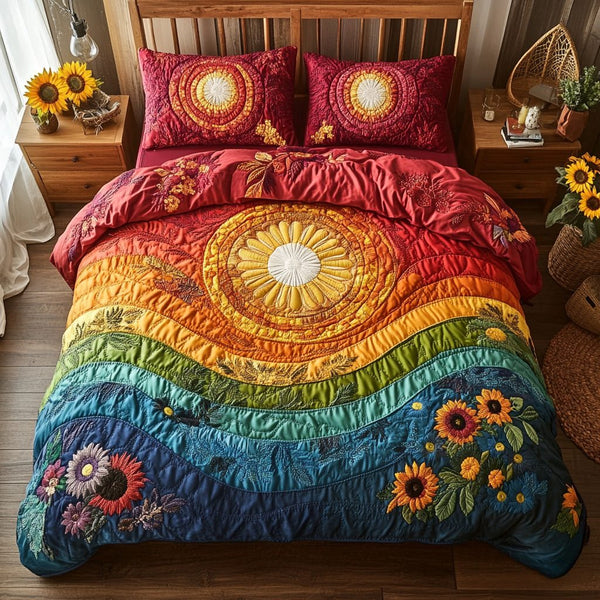 Golden Sun quilted 3-piece bedding set on a made bed with two matching pillow shams