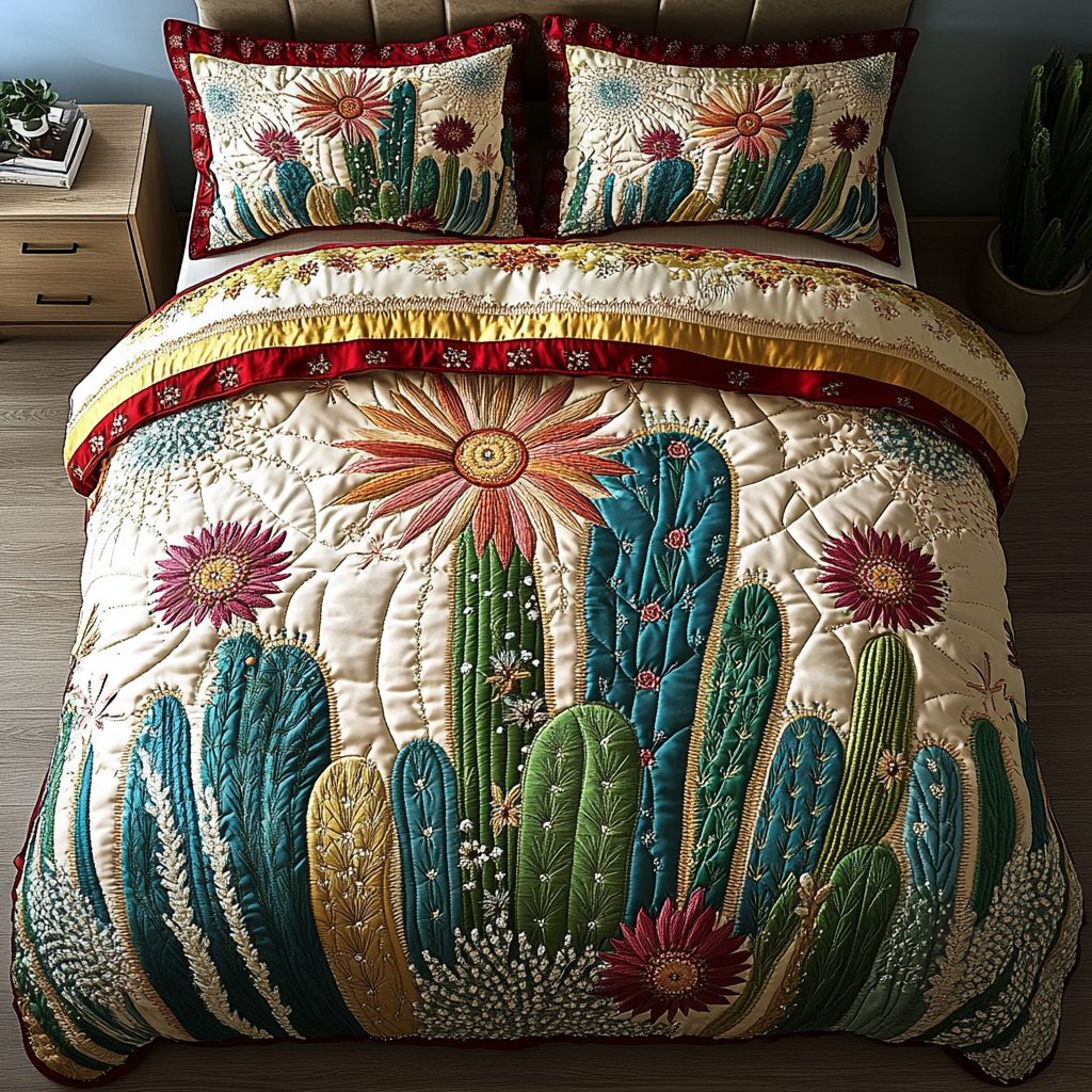 Golden Sunflower Cactus quilted 3-piece bedding set on a made bed with two matching pillow shams