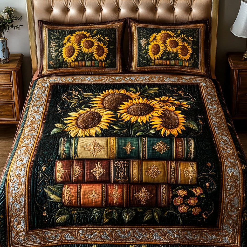 Golden Sunflower Elegance quilted 3-piece bedding set on a made bed with two matching pillow shams