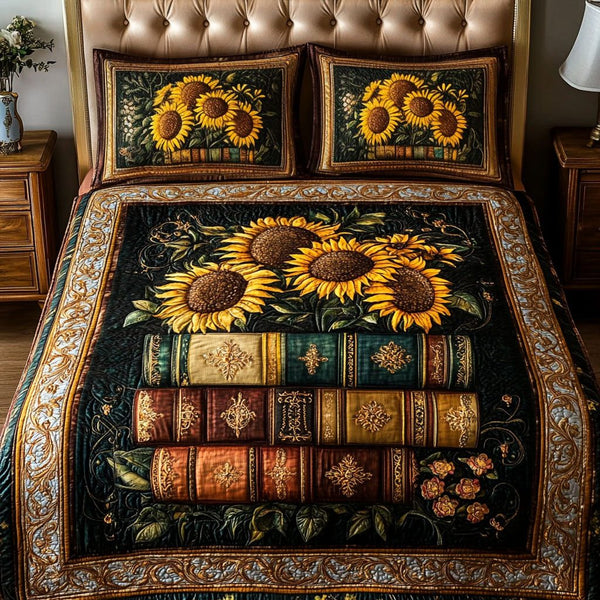 Golden Sunflower Elegance quilted 3-piece bedding set on a made bed with two matching pillow shams