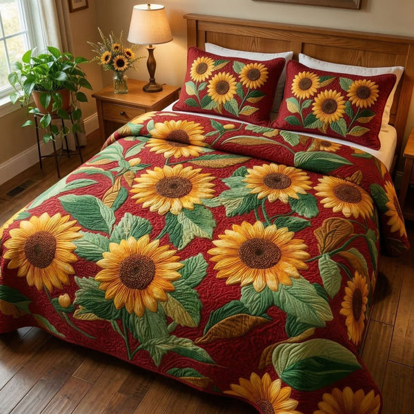 Golden Sunflower Garden quilted 3-piece bedding set on a made bed with two matching pillow shams