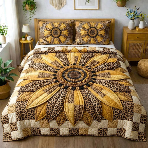 Golden Sunflower quilted 3-piece bedding set on a made bed with two matching pillow shams