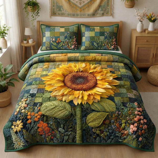 Golden Sunflower quilted 3-piece bedding set on a made bed with two matching pillow shams
