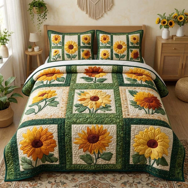 Golden Sunflower quilted 3-piece bedding set on a made bed with two matching pillow shams