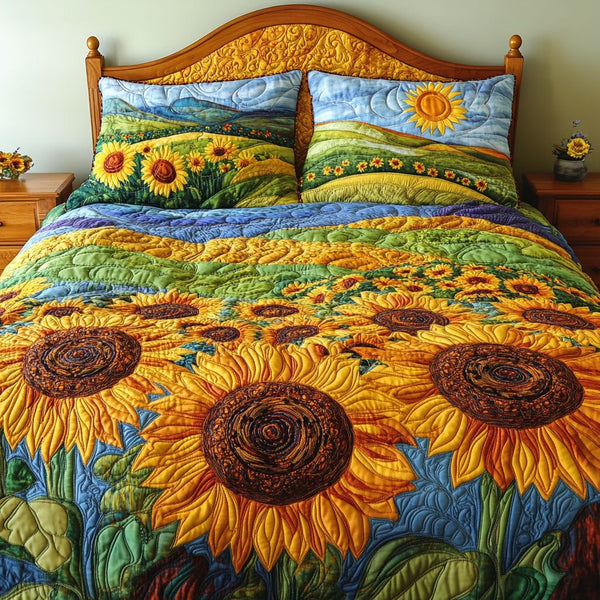 Golden Sunflower quilted 3-piece bedding set on a made bed with two matching pillow shams
