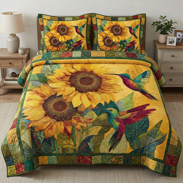 Golden Sunflower quilted 3-piece bedding set on a made bed with two matching pillow shams