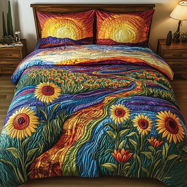 Golden Sunrise Path quilted 3-piece bedding set on a made bed with two matching pillow shams